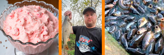Pink fluff dessert, Pennsylvania fisherman holding bass, and carp at Pymatuning Spillway, representing a humorous fishing road trip in Amish country.
