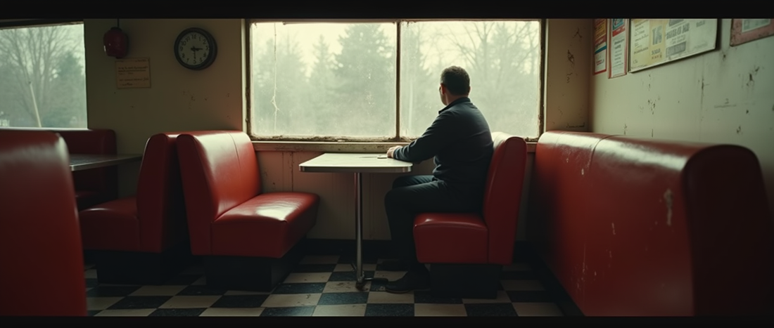 A man sits alone in a crumbling diner, possibly contemplating honesty, lost time, or why people say “Can I be honest with you?” when they clearly can’t.