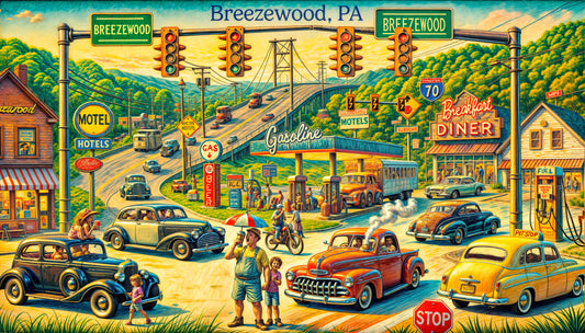 AI-generated illustration of Breezewood, PA – a quirky small town built around a highway intersection, featuring cars, diners, motels, gas stations, and road signs. A bustling pit stop haven that captures the charm and chaos of this iconic crossroads.